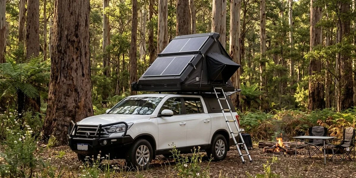 A 4WD camper set up beneath towering karri forest trees in the South West of Western Australia with dappled sunlight filtering through canopy