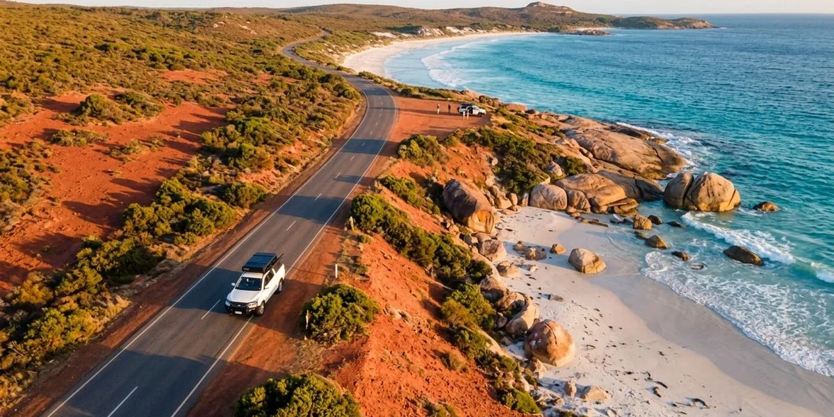 Aerial view of scenic WA road with turquoise coastline and red earth