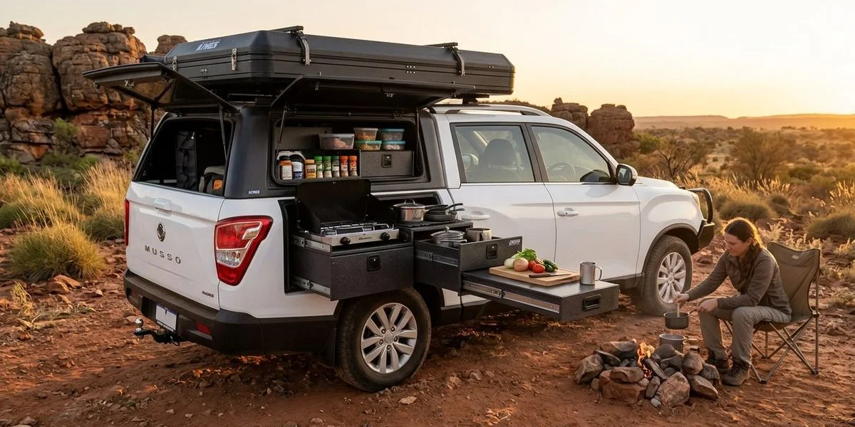 Bakkie rear canopy open showing well-organised kitchen and storage system