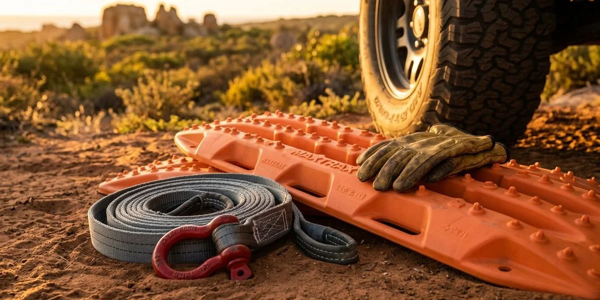 Close-up of overlanding recovery gear laid out neatly including MaxTrax traction boards snatch strap rated shackles and work gloves beside a 4WD tyre