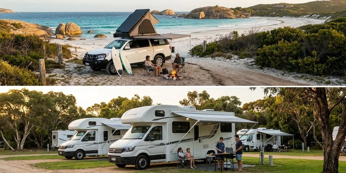 Comparison scene showing a 4WD camper at a remote beach campsite versus a motorhome at a caravan park highlighting the access difference