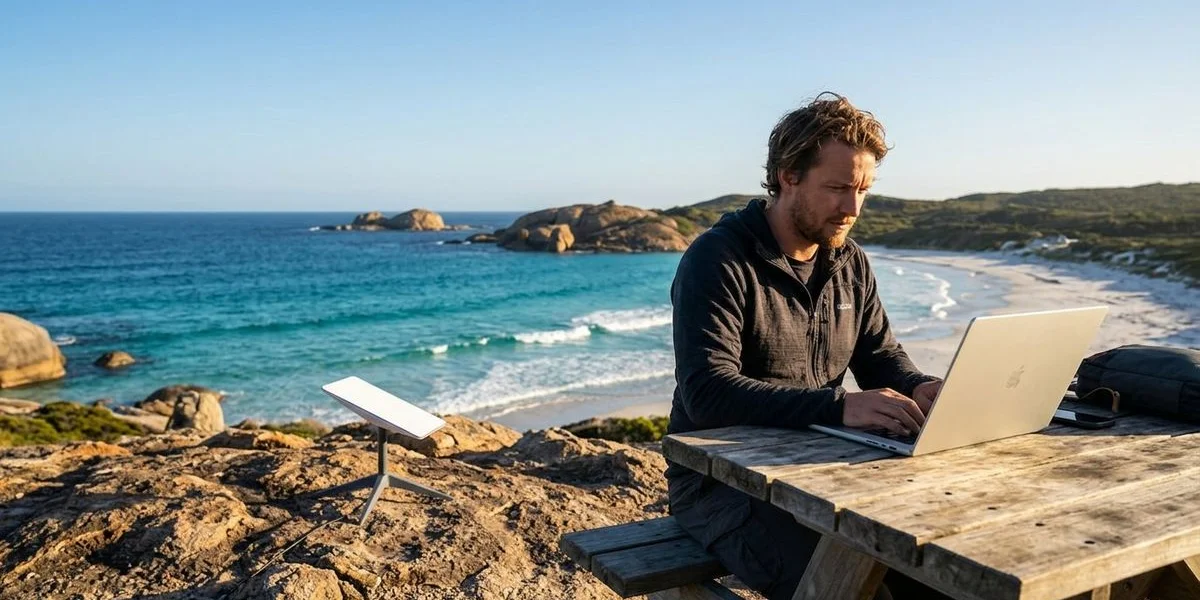 Person working on laptop at camp table with Starlink satellite dish and WA coastal backdrop