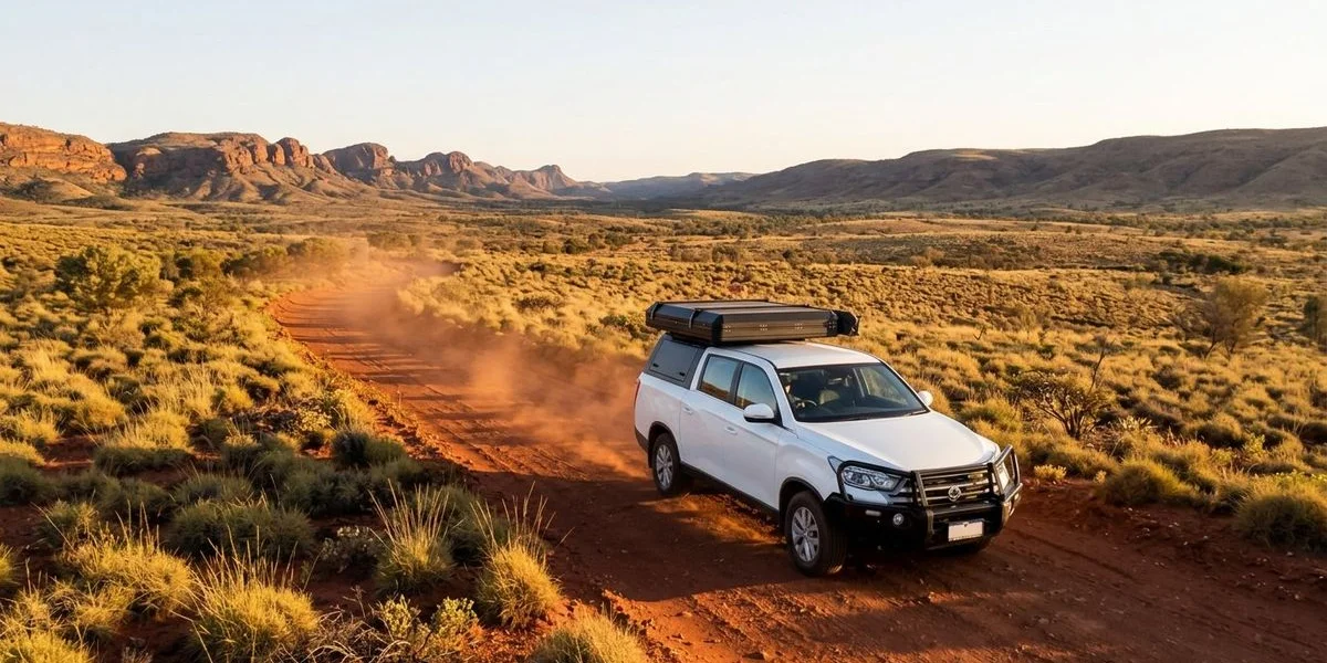 Dual-cab 4WD ute camper driving on a red dirt outback road in Western Australia with vast open landscape and blue sky