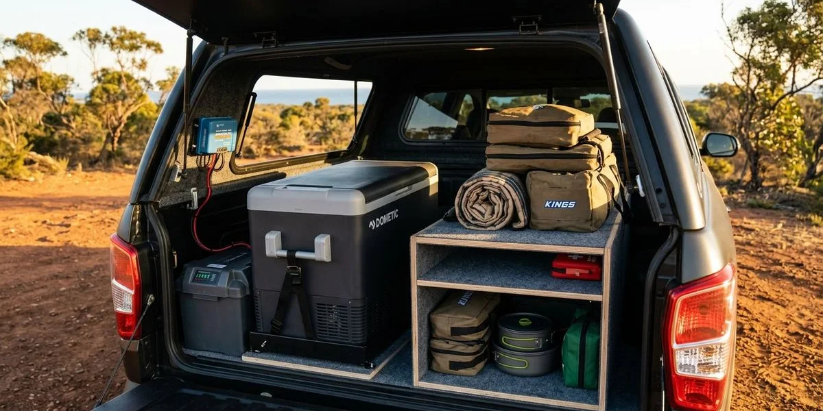 Interior of OFFGRID Wanderer canopy showing organised storage, fridge, and battery system