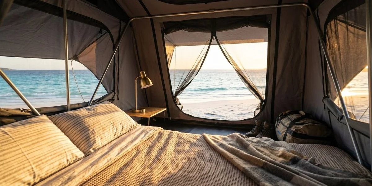 Interior view of a comfortable rooftop tent with bedding and pillows showing the spacious sleeping area for two adults
