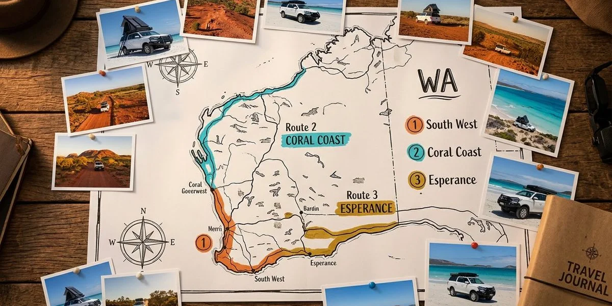 Map showing the three road trip routes from Perth