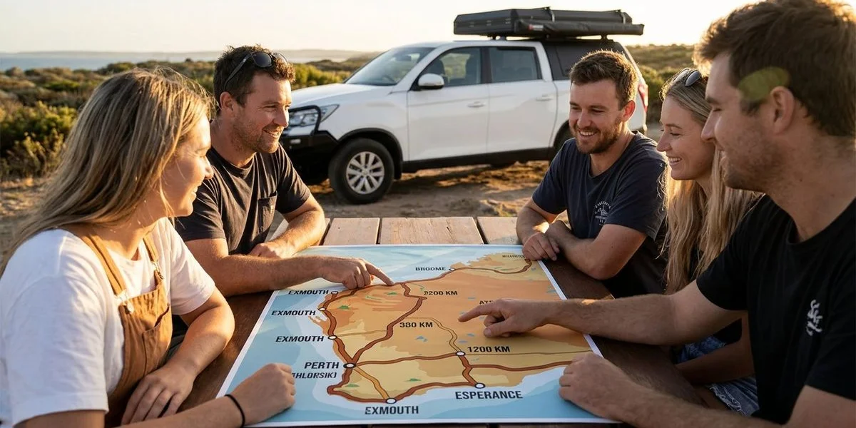 Map overview showing driving distances from Perth to popular Western Australian destinations including Exmouth Esperance and Broome