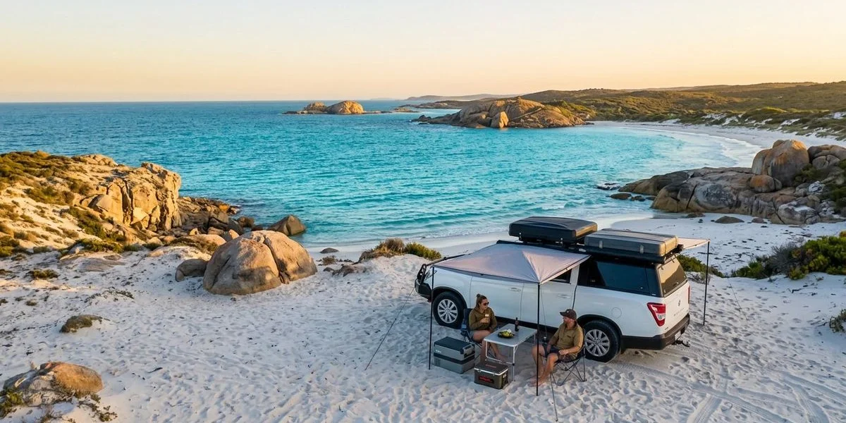 Panoramic view of the stunning turquoise coastline along Western Australia Coral Coast with rocky headlands and clear water stretching to horizon