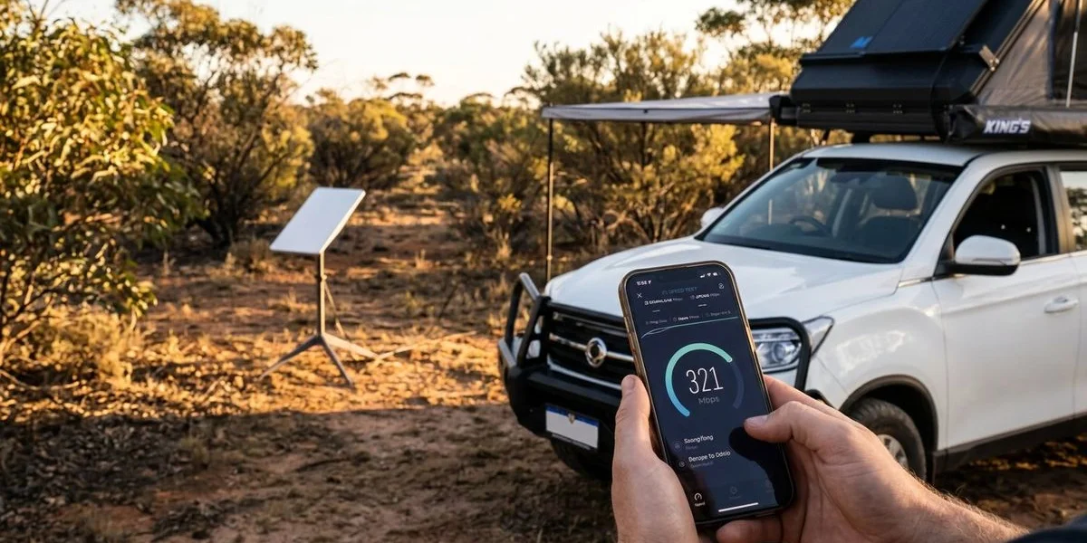 Starlink speed test showing fast download speeds at a remote WA campsite